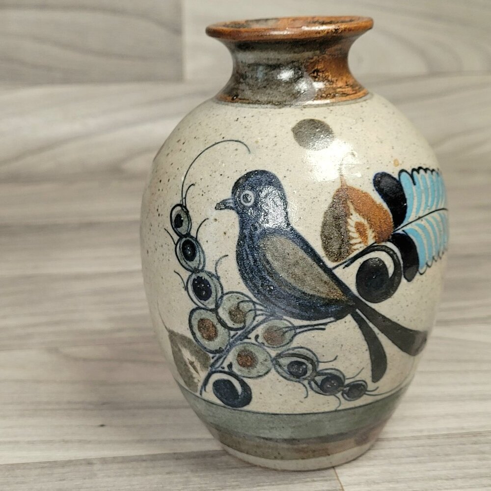 Mexican Pottery Vase 5.5" Hand Painted Blue Bird Floral Glazed Unsigned